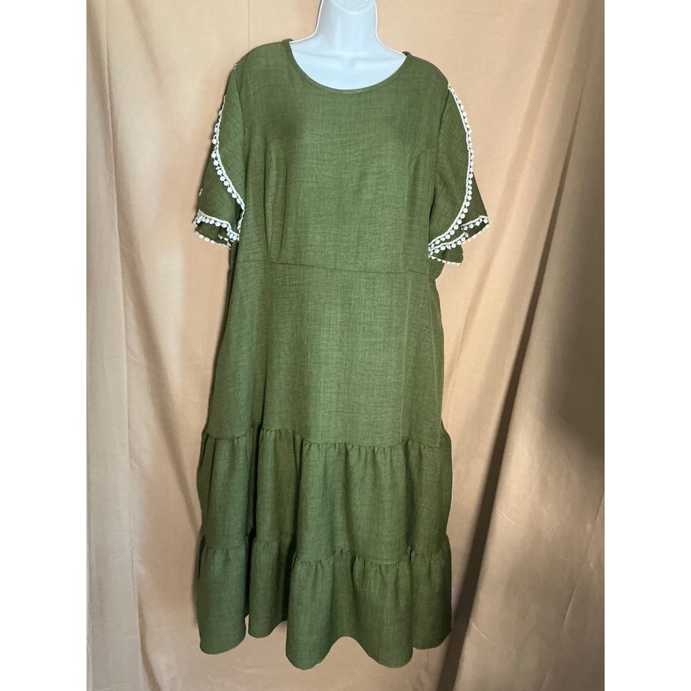 SHEIN Curve Dress Women 4XL Olive Green Excellent Boho Tiered Pom Pom Trim Midi